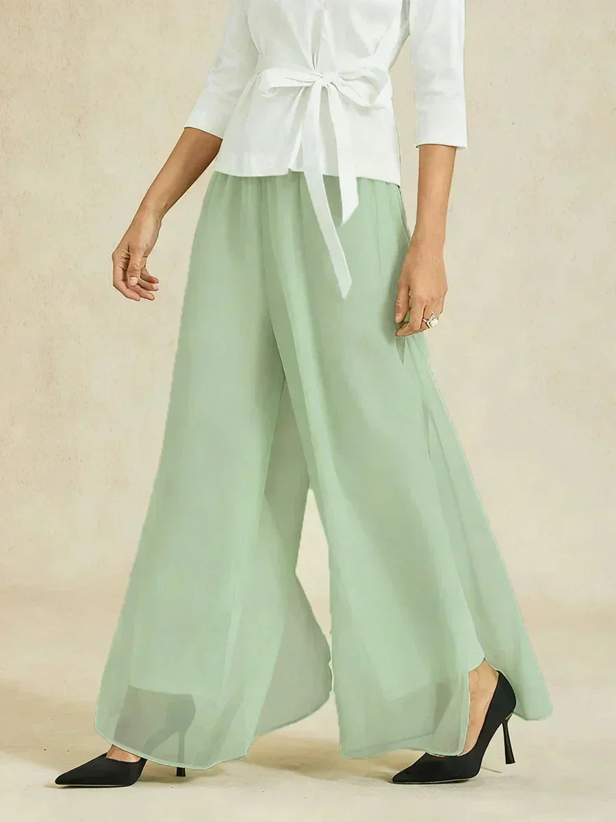Pantaloni a Gamba Dritta con Sovrapposizione di Chiffon a Spacco
