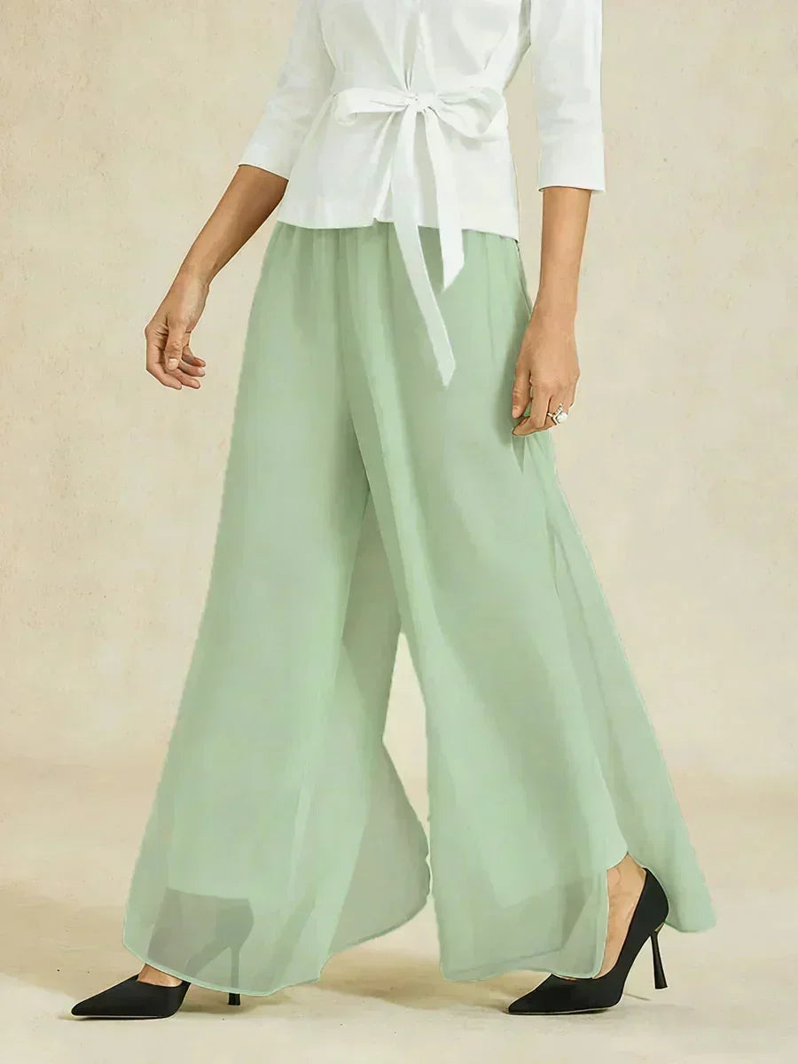 Pantaloni a Gamba Dritta con Sovrapposizione in Chiffon