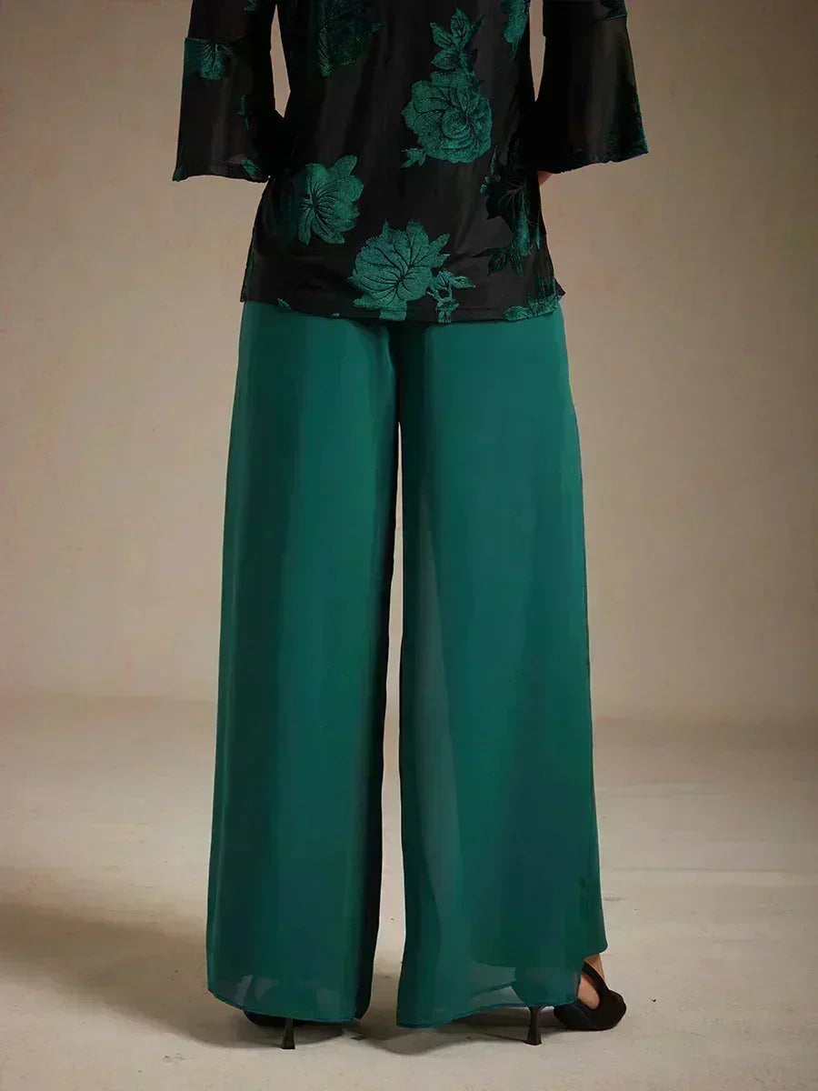 Pantaloni a Gamba Dritta con Sovrapposizione in Chiffon a Spacco