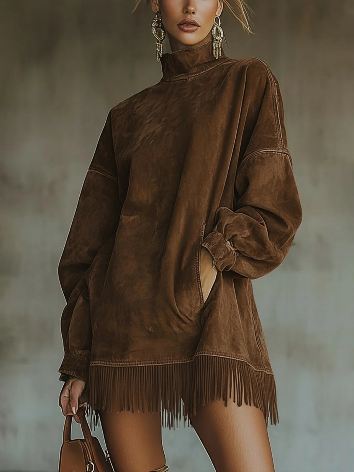 Amalia | Abito in Suede con Frange a Collo Alto