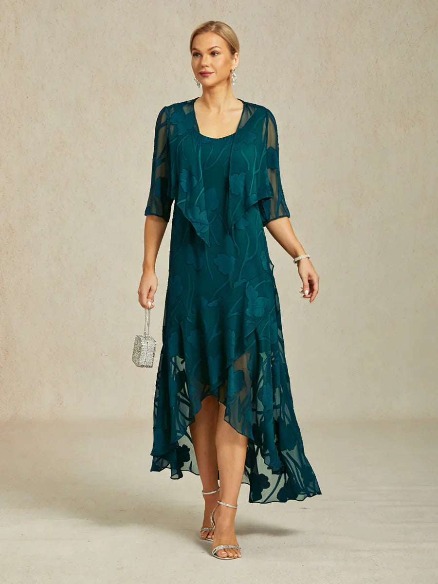 Abito da Sera Senza Maniche in Chiffon Floreale con Orlo Asimmetrico