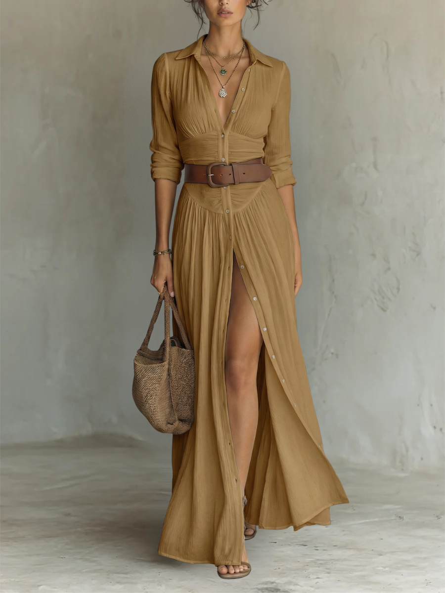 ESSENZIALE - Vestito Maxi Lungo con Collo a V e Maniche Lunghe per Donne