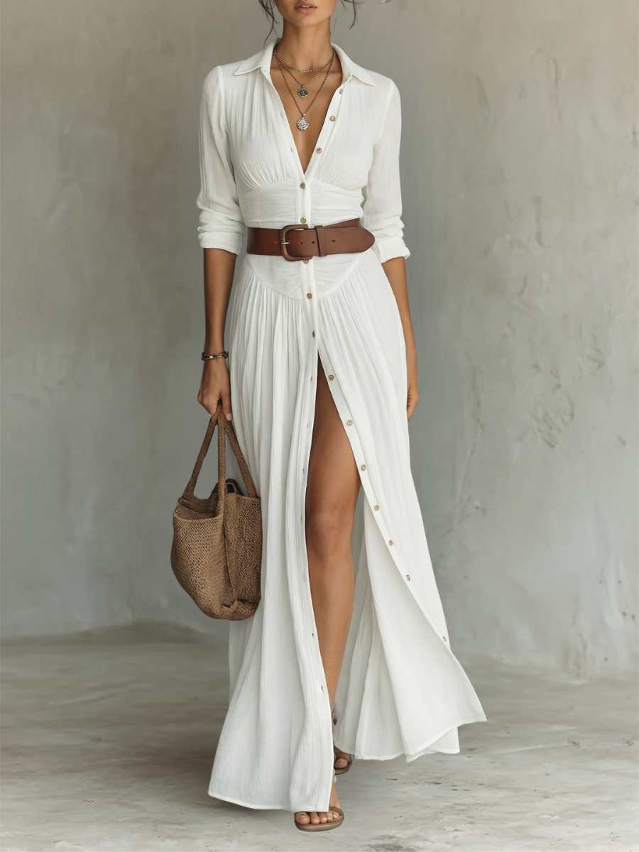 ESSENZIALE - Vestito Maxi Lungo con Collo a V e Maniche Lunghe per Donne