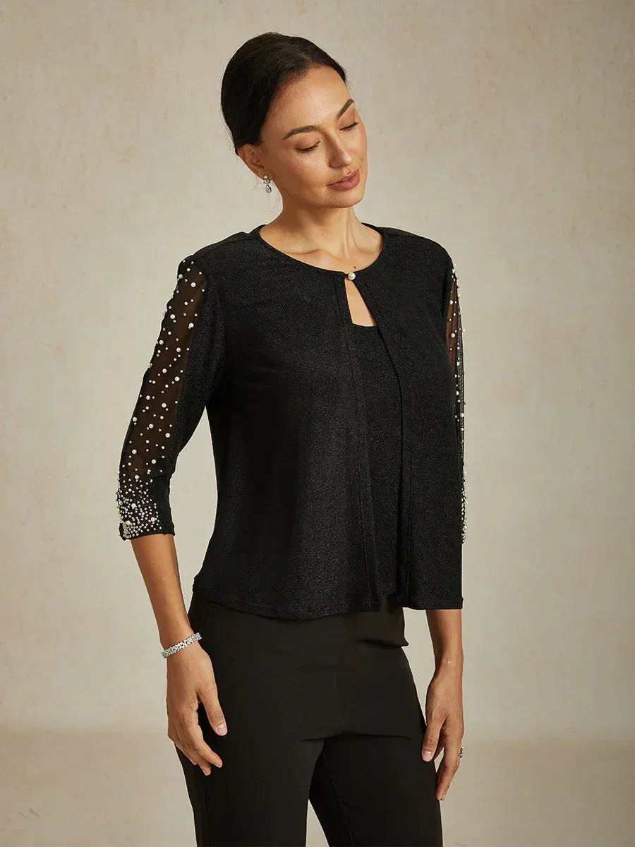 Blusa in Maglia Metallica con Maniche 3/4 e Perline