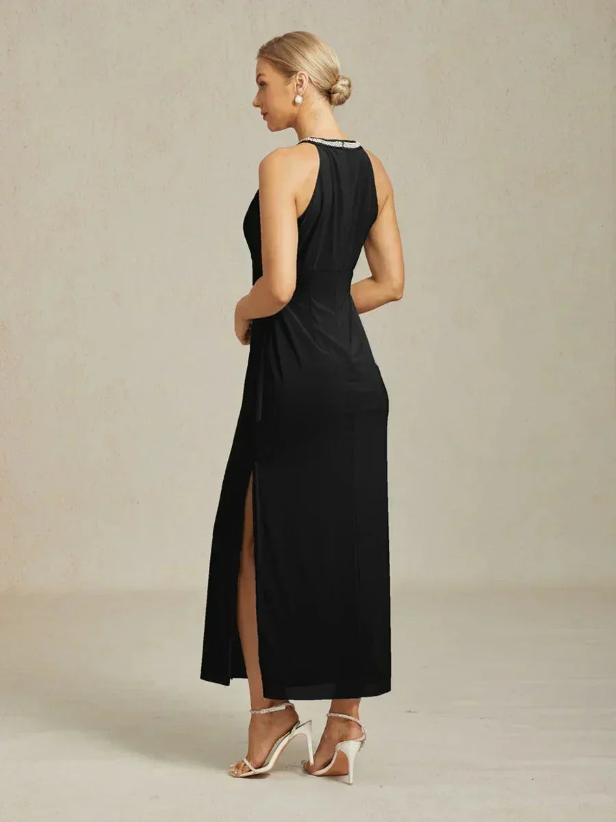 Abito Maxi Elegante con Perline e Dettaglio a Volant