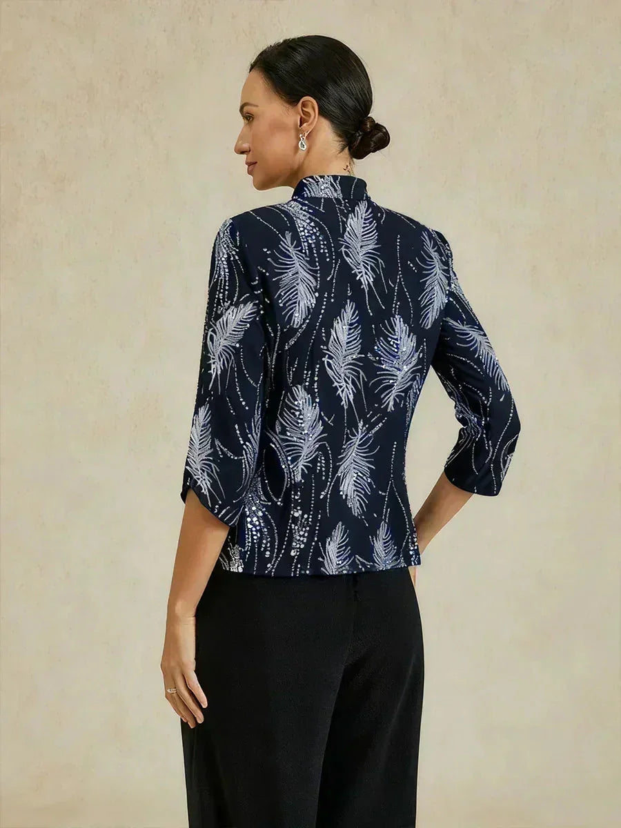 Elegante Twinset con Collo alla Mandarin in Paillettes