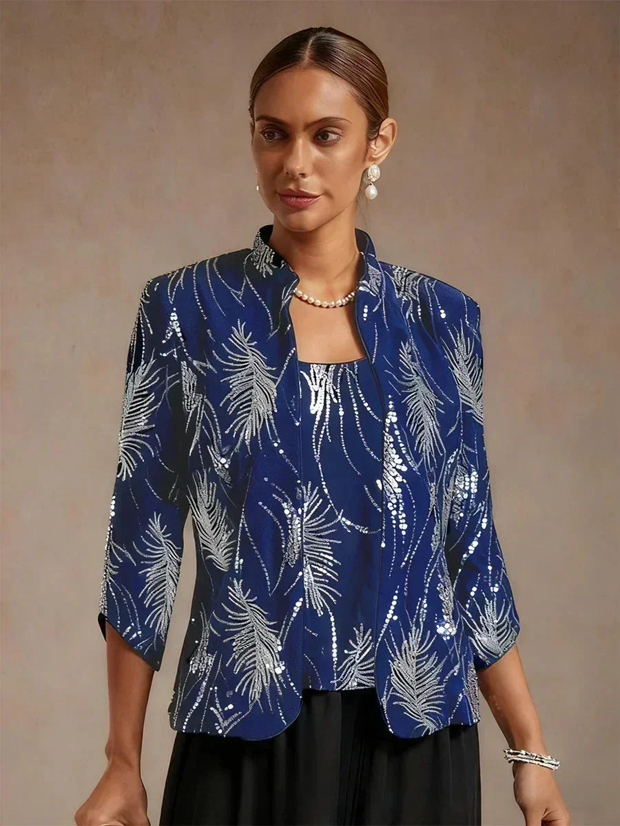 Elegante Twinset con Collo alla Mandarin in Paillettes