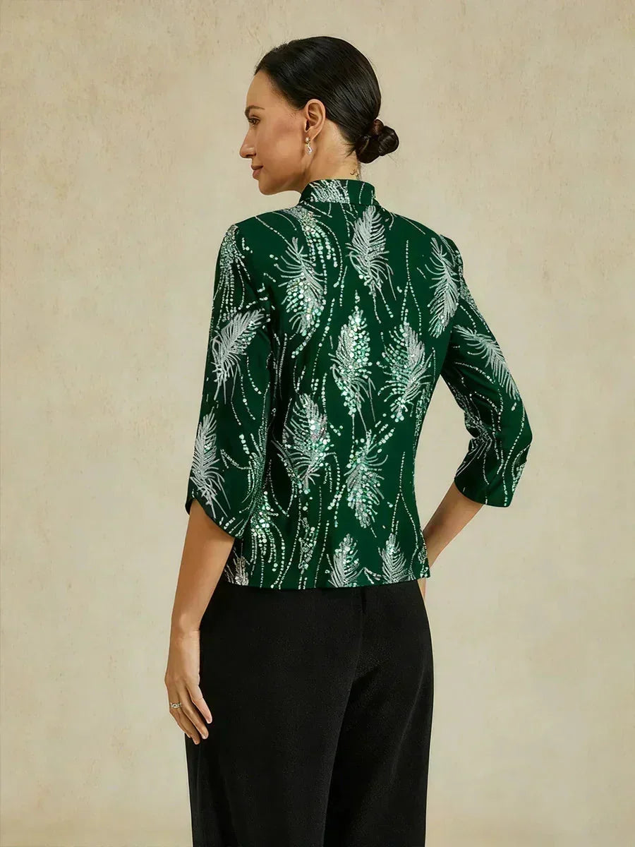 Elegante Twinset con Collo alla Mandarin in Paillettes