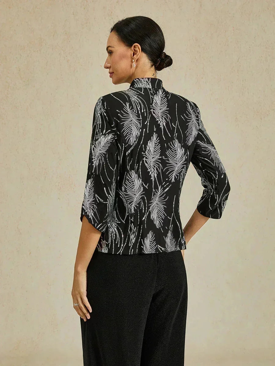 Elegante Twinset con Collo alla Mandarin in Paillettes