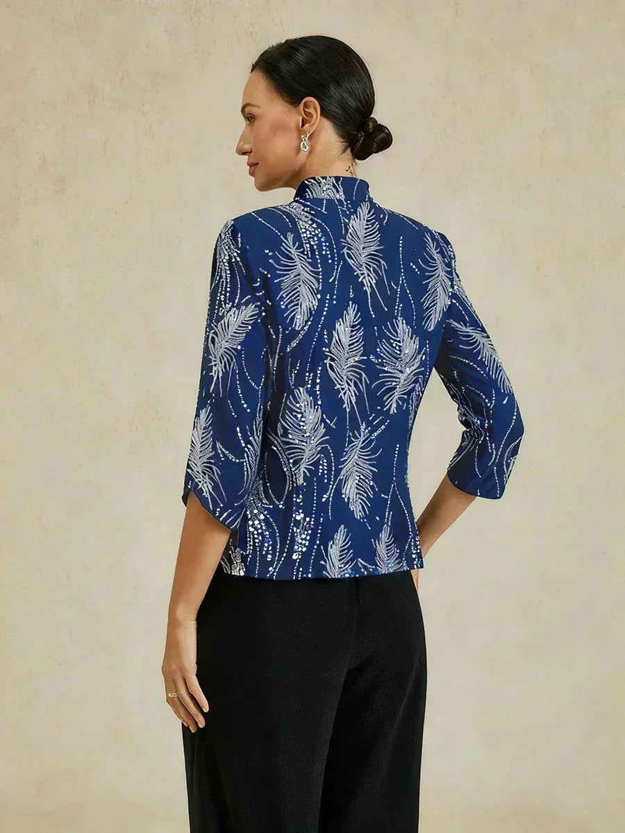 Elegante Twinset con Collo alla Mandarin in Paillettes