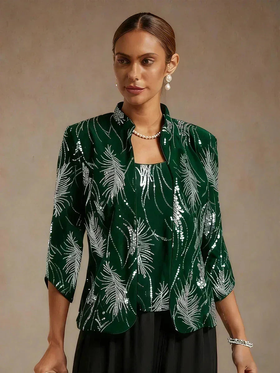 Elegante Twinset con Collo alla Mandarin in Paillettes