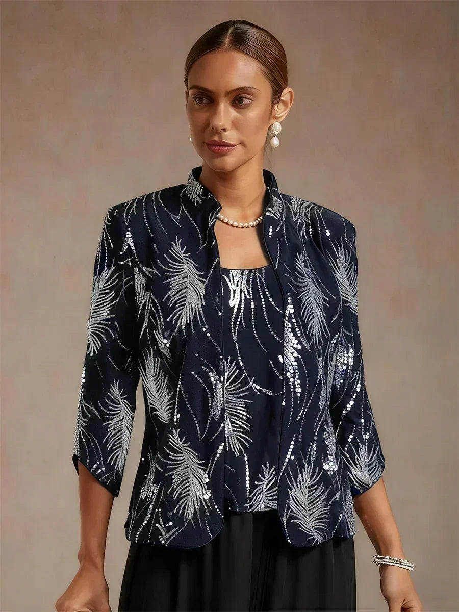 Elegante Twinset con Collo alla Mandarin in Paillettes