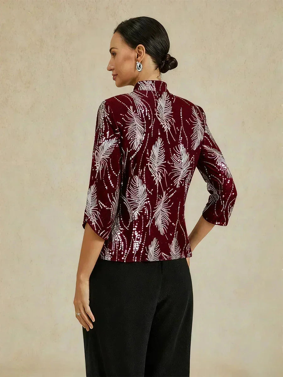 Elegante Twinset con Collo alla Mandarin in Paillettes
