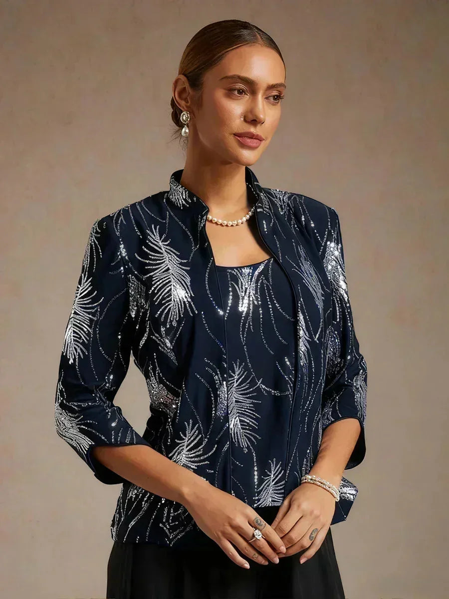 Elegante Twinset con Collo alla Mandarin in Paillettes