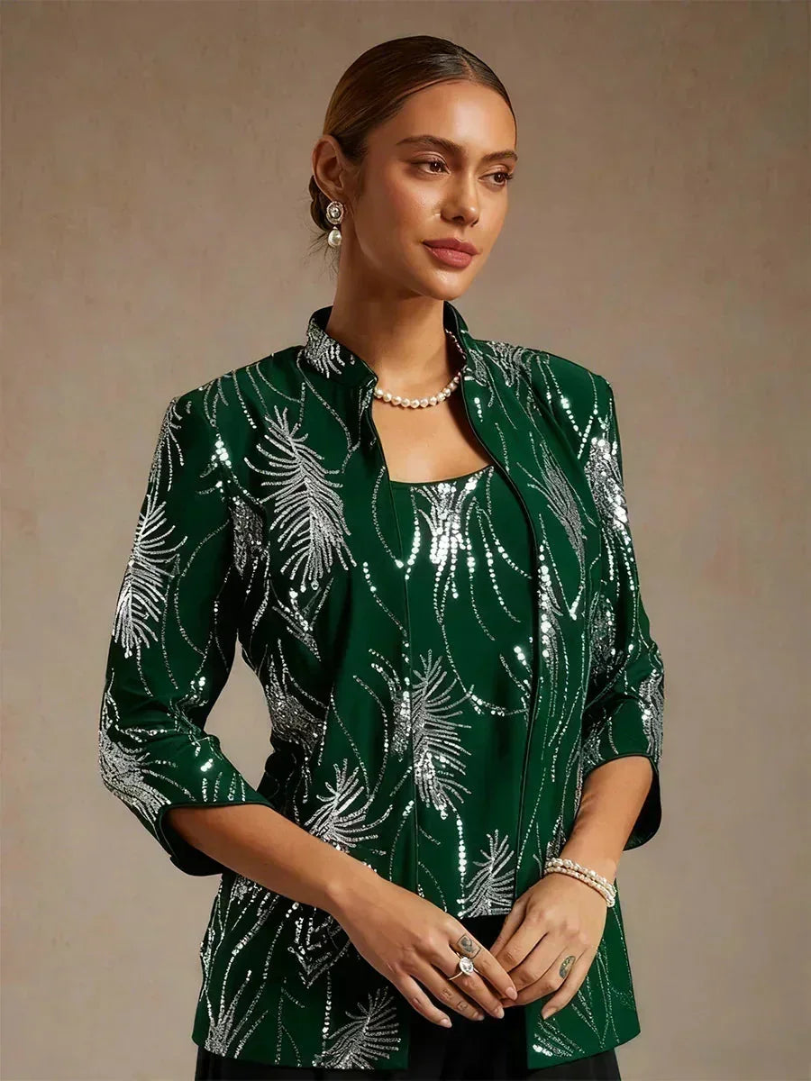 Elegante Twinset con Collo alla Mandarin in Paillettes
