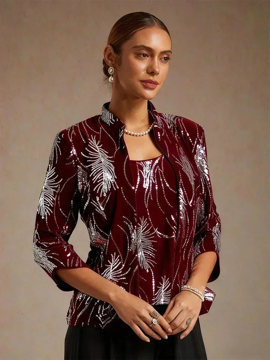 Elegante Twinset con Collo alla Mandarin in Paillettes