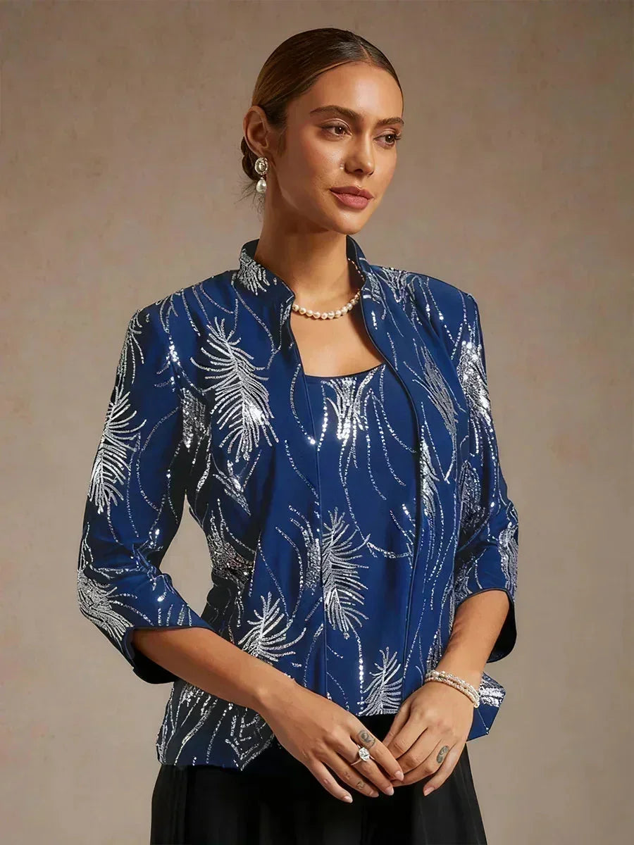Elegante Twinset con Collo alla Mandarin in Paillettes