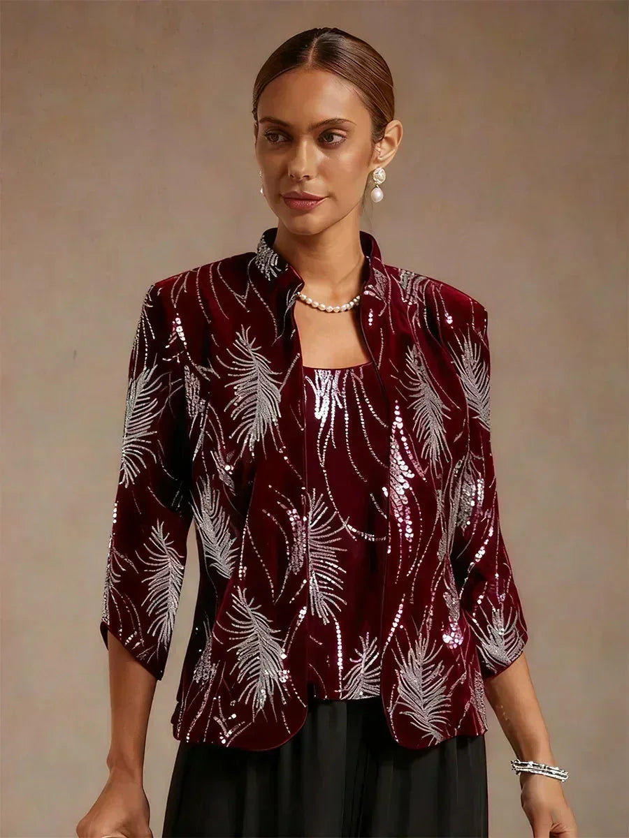 Elegante Twinset con Collo alla Mandarin in Paillettes