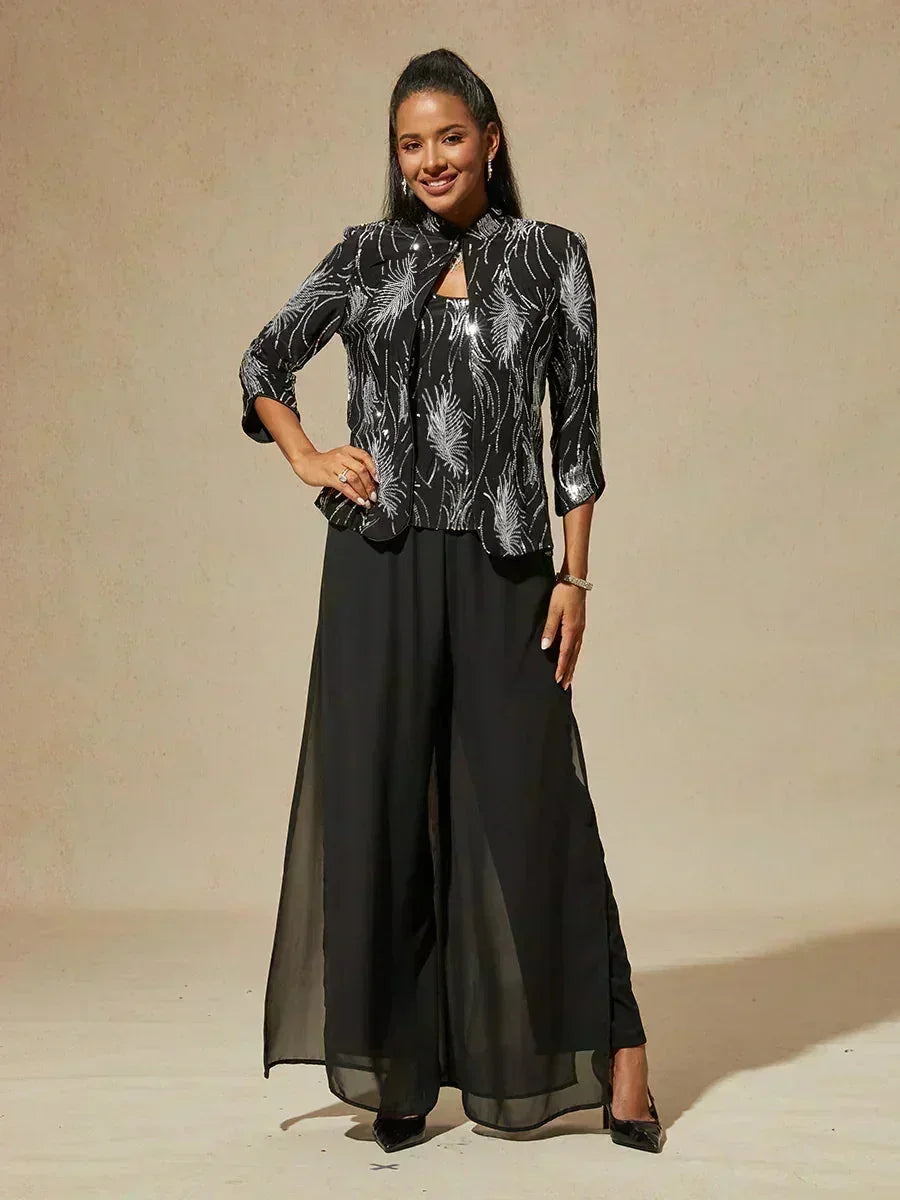 Elegante Twinset con Collo alla Mandarin in Paillettes