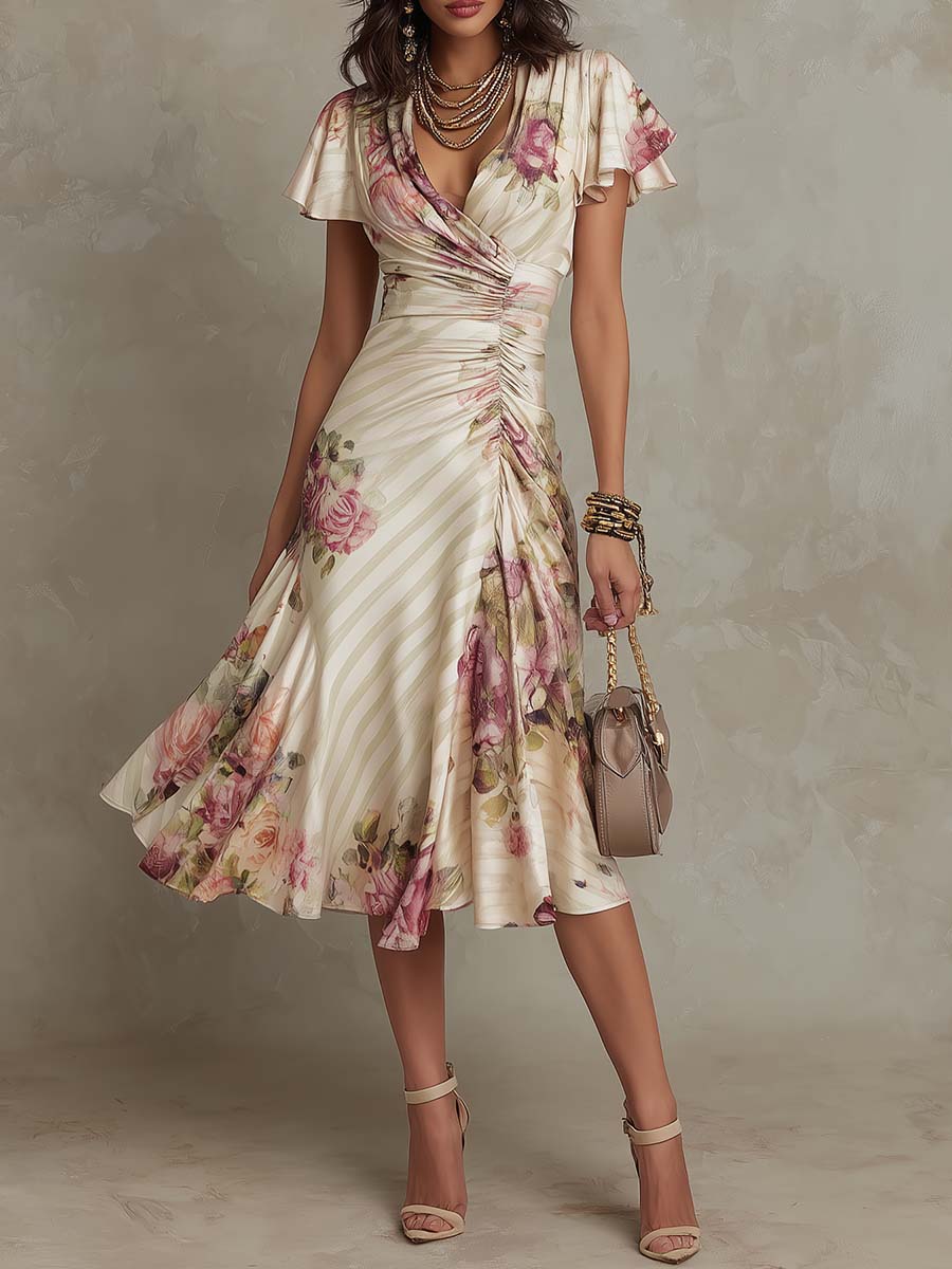 ESSENZIALE - Alba | Elegante Abito Midi in Raso Floreale Retro ✨