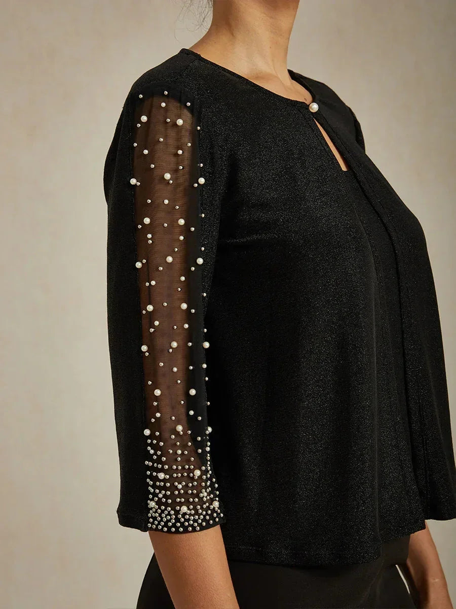 Blusa in Maglia Metallica con Maniche 3/4 e Perline