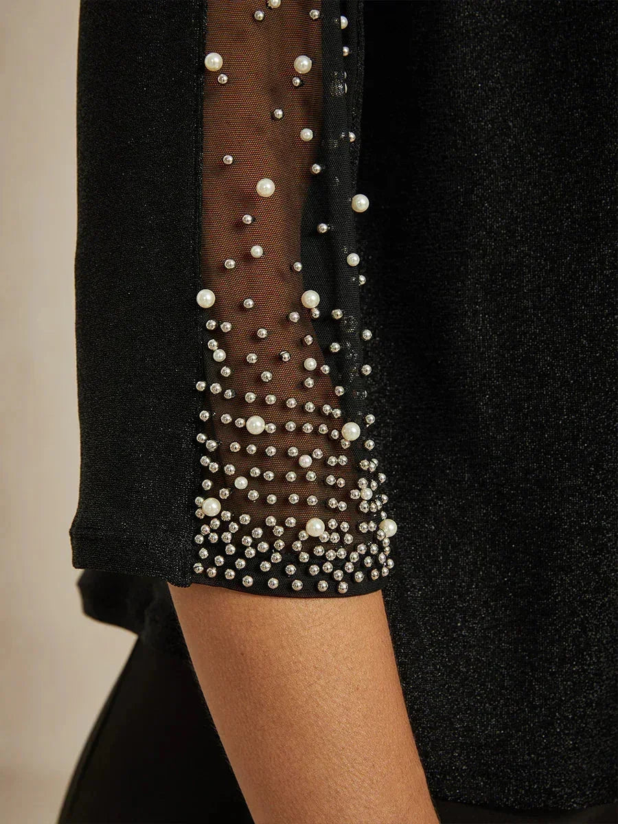Blusa in Maglia Metallica con Maniche 3/4 e Perline