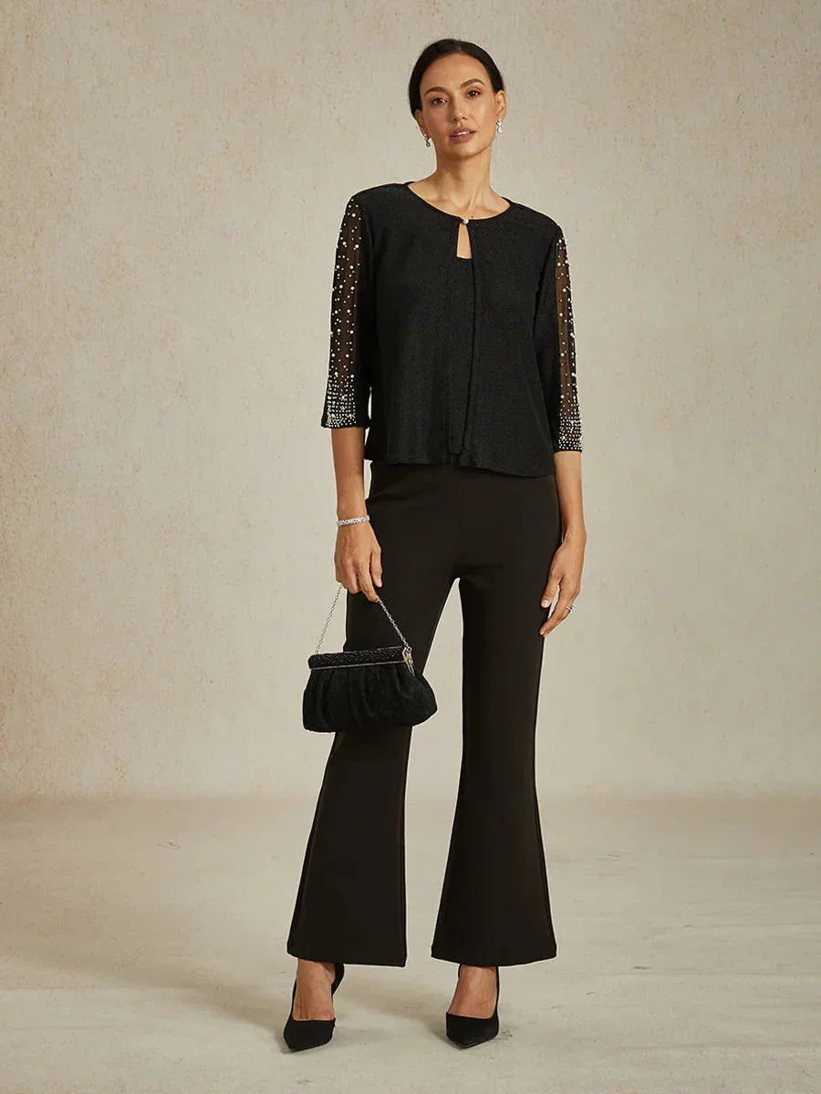 Blusa in Maglia Metallica con Maniche 3/4 e Perline