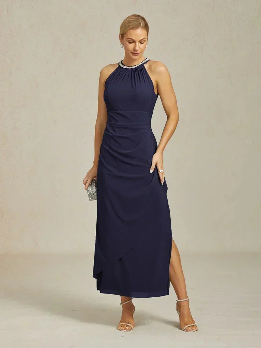 Abito Maxi Elegante con Perline e Dettaglio a Volant