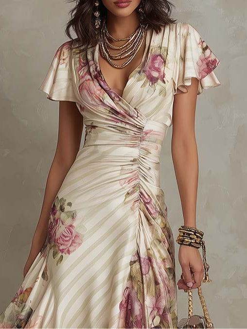 ESSENZIALE - Alba | Elegante Abito Midi in Raso Floreale Retro ✨