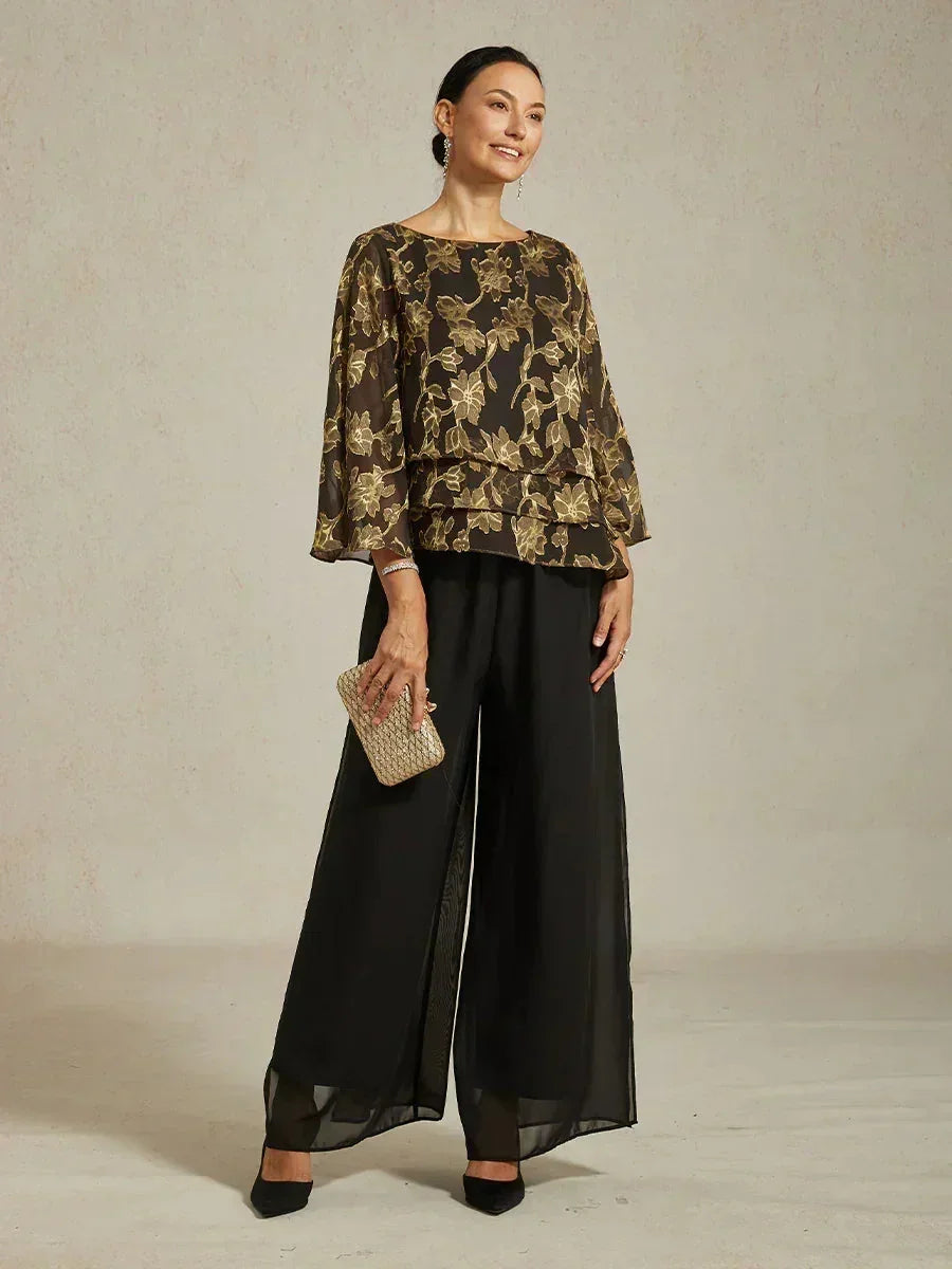 Blusa in Chiffon Floreale con Collo a Barca