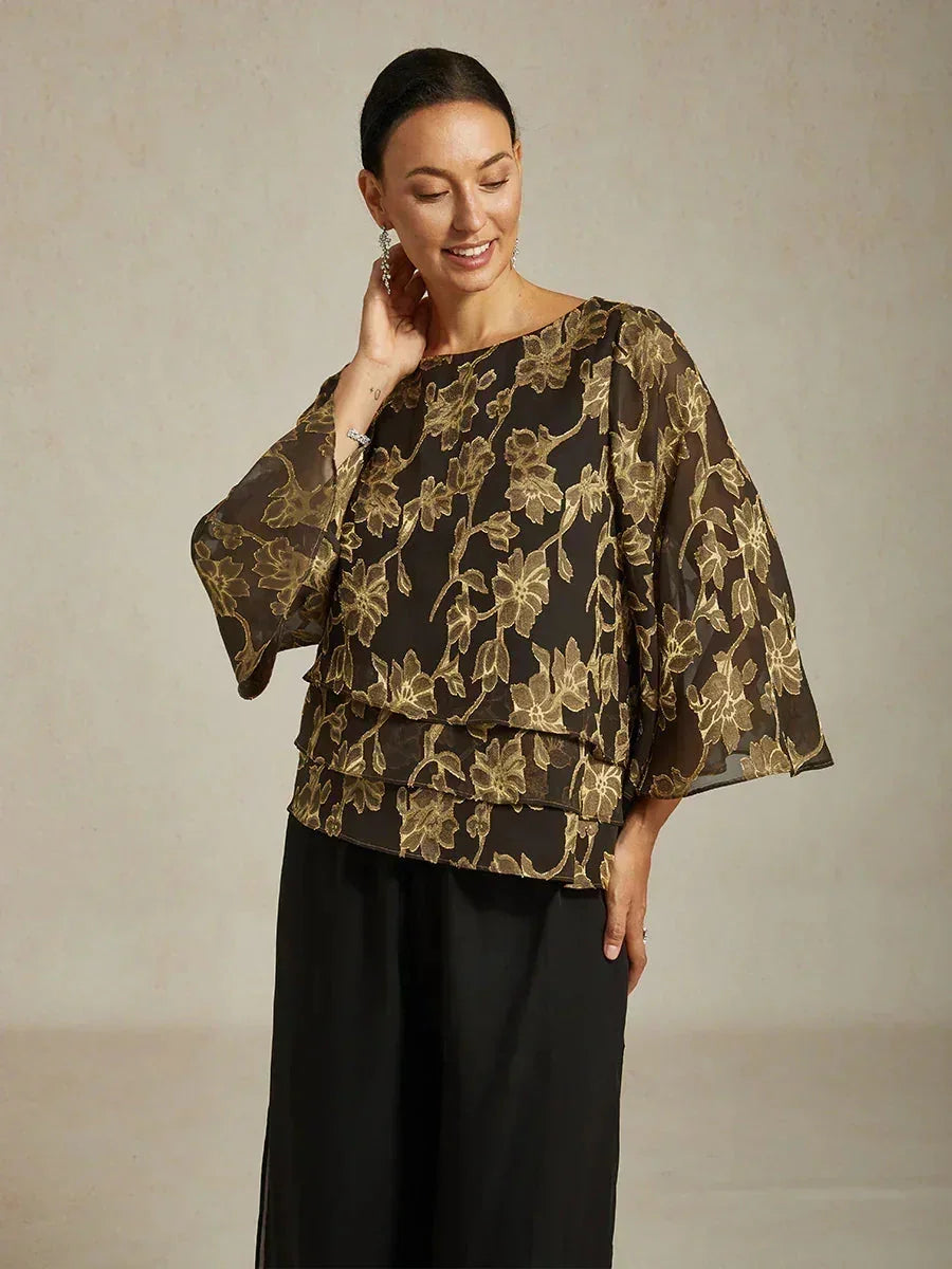 Blusa in Chiffon Floreale con Collo a Barca