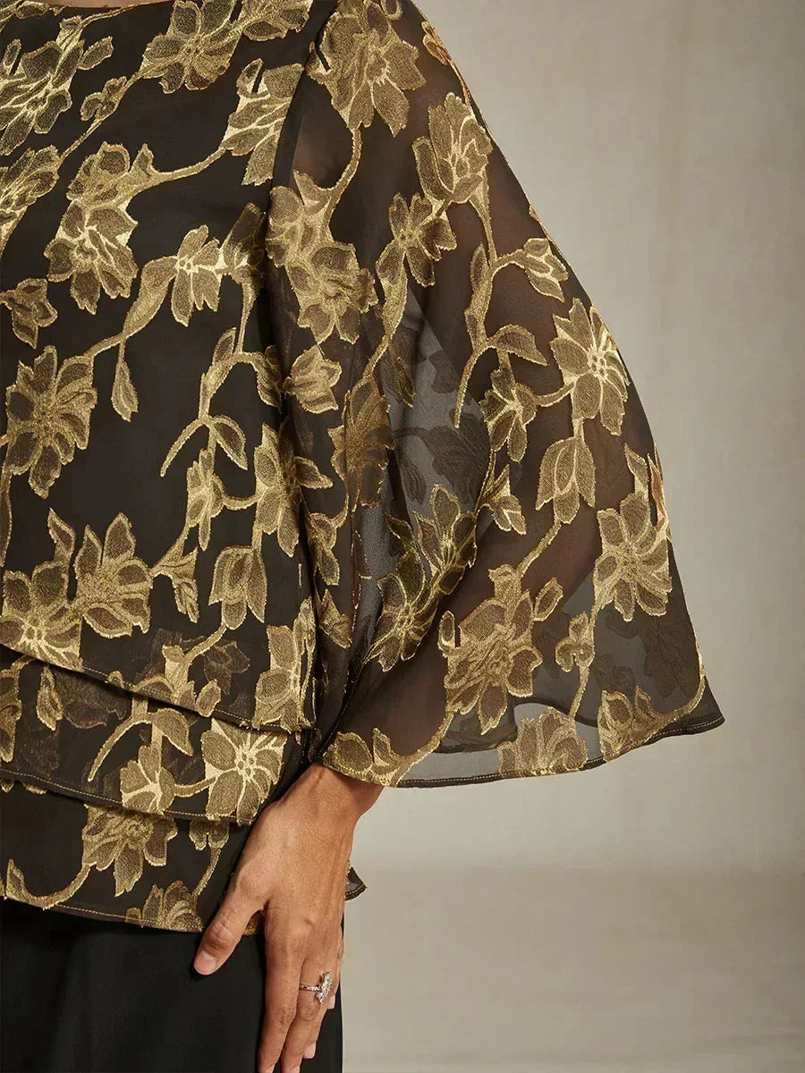 Blusa in Chiffon Floreale con Collo a Barca