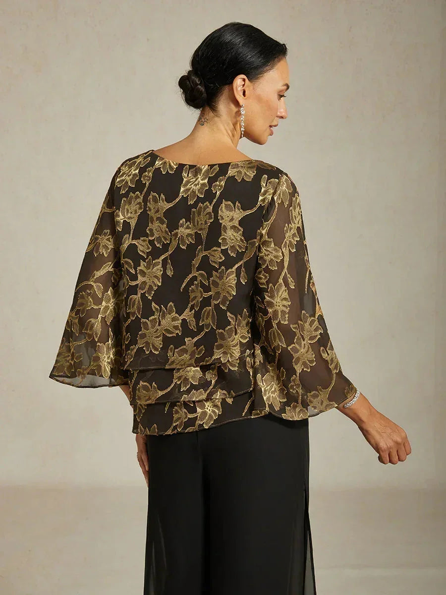 Blusa in Chiffon Floreale con Collo a Barca