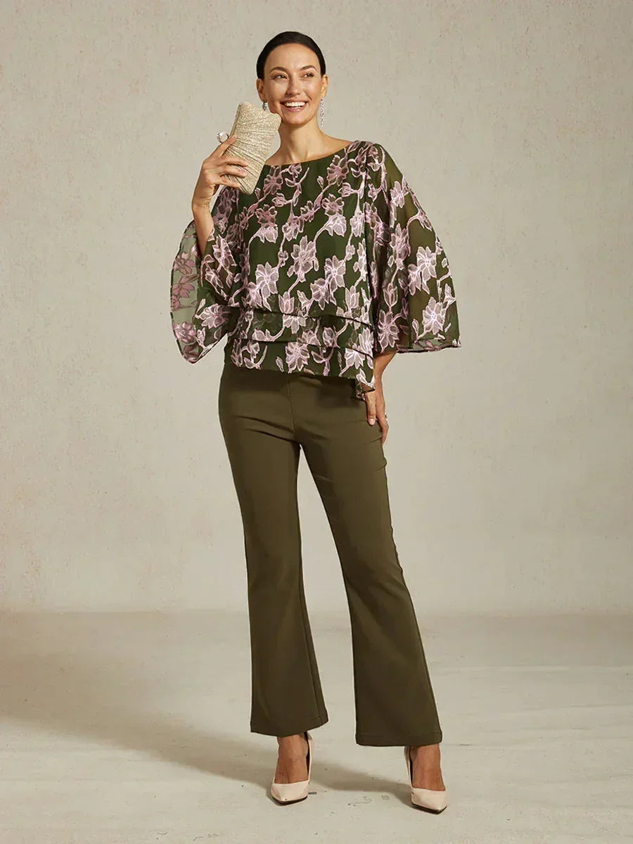 Blusa in Chiffon Floreale con Collo a Barca