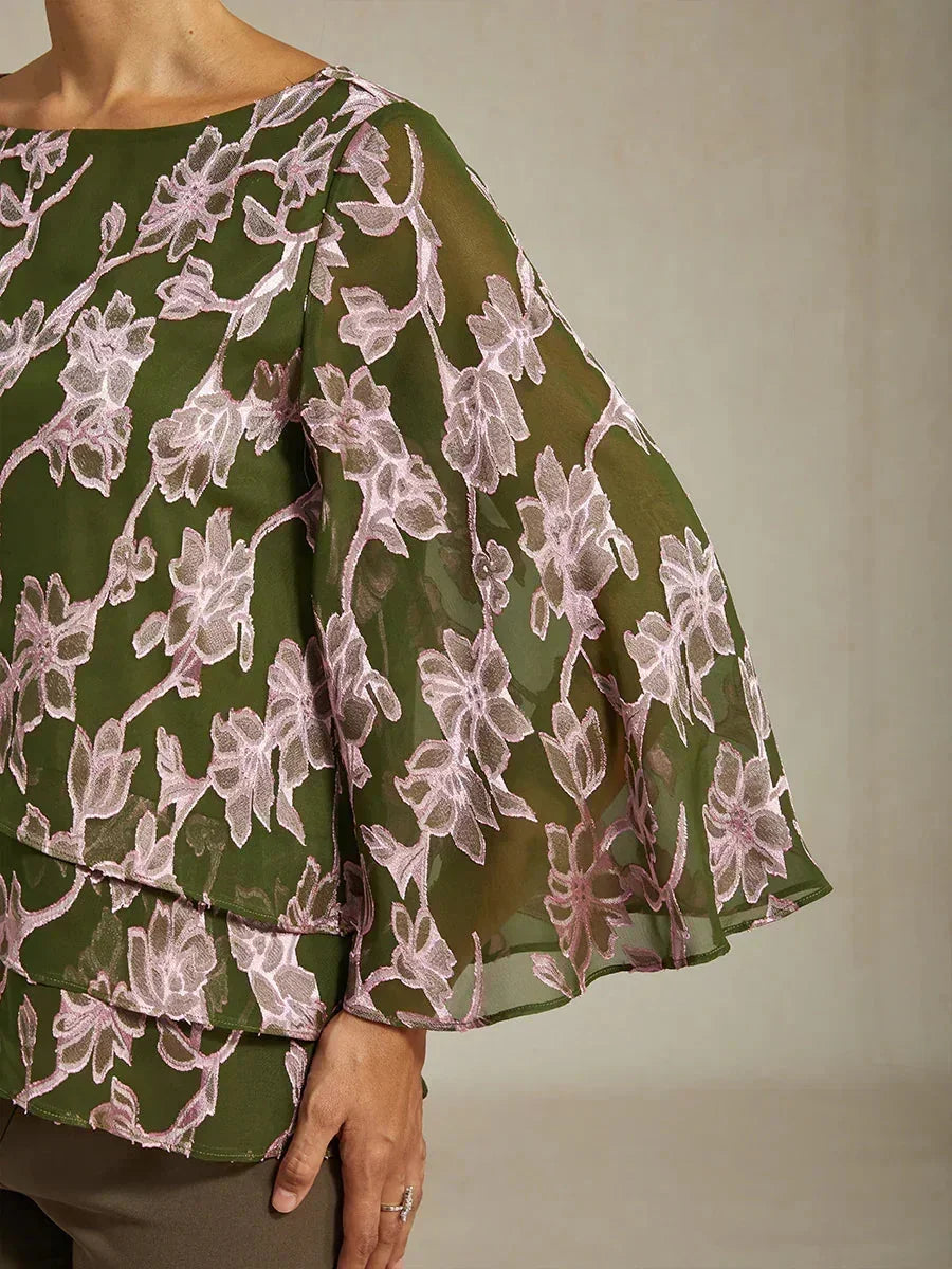 Blusa in Chiffon Floreale con Collo a Barca