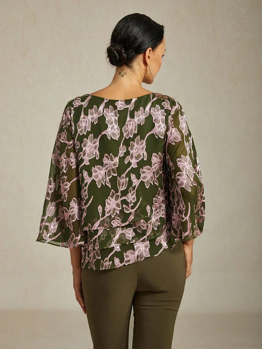 Blusa in Chiffon Floreale con Collo a Barca