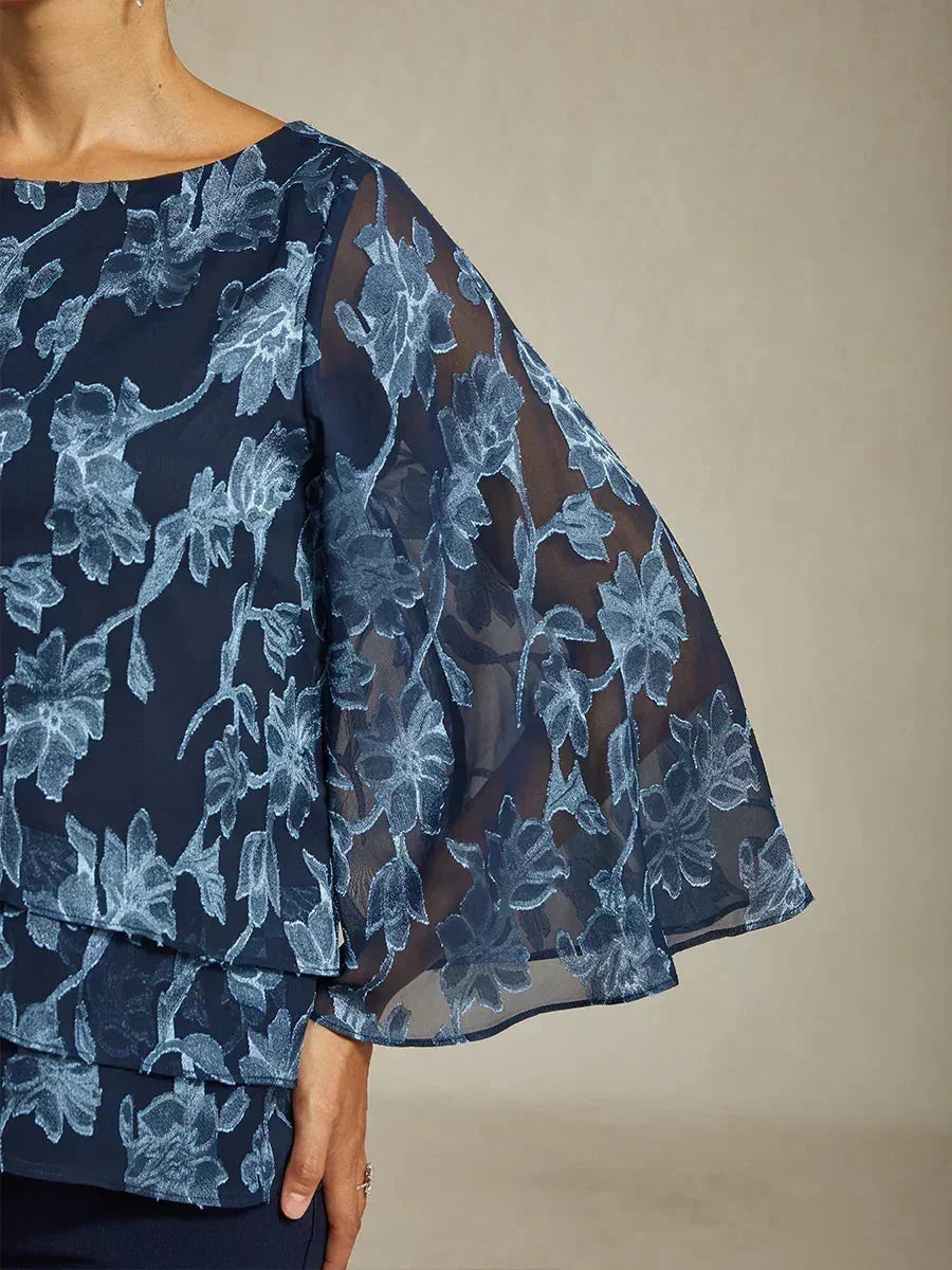 Blusa in Chiffon Floreale con Collo a Barca