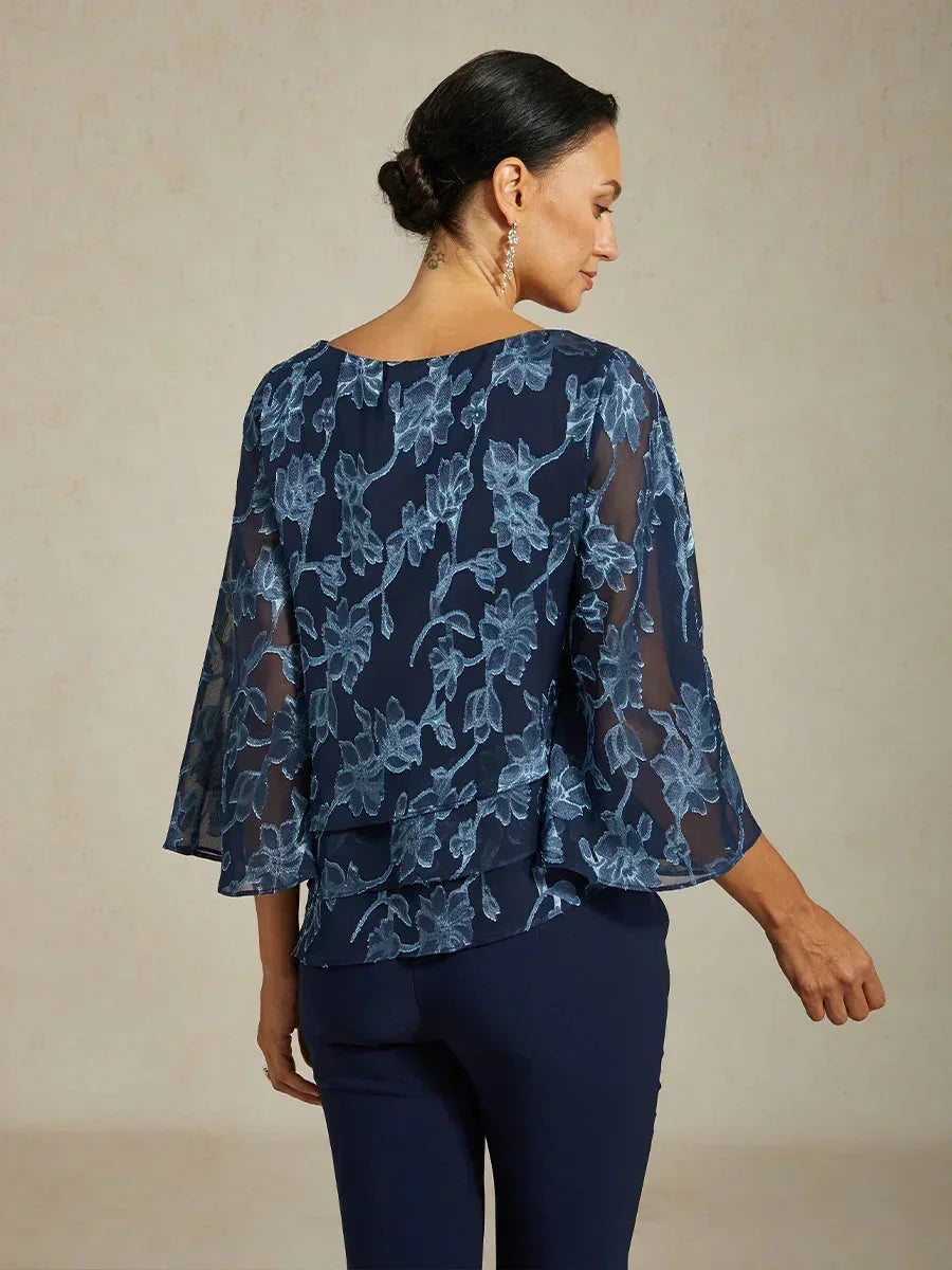 Blusa in Chiffon Floreale con Collo a Barca