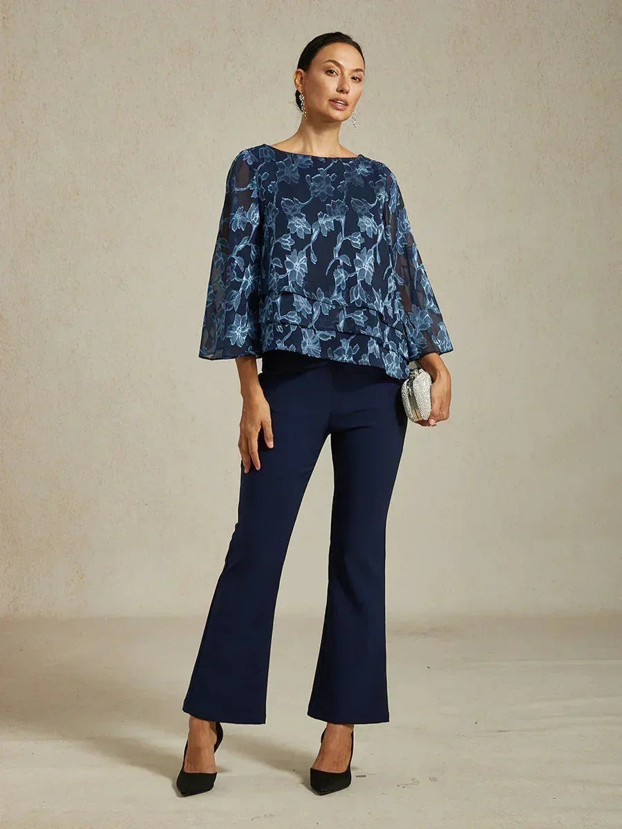 Blusa in Chiffon Floreale con Collo a Barca