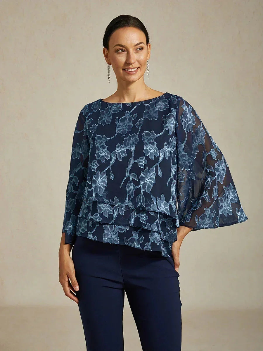 Blusa in Chiffon Floreale con Collo a Barca