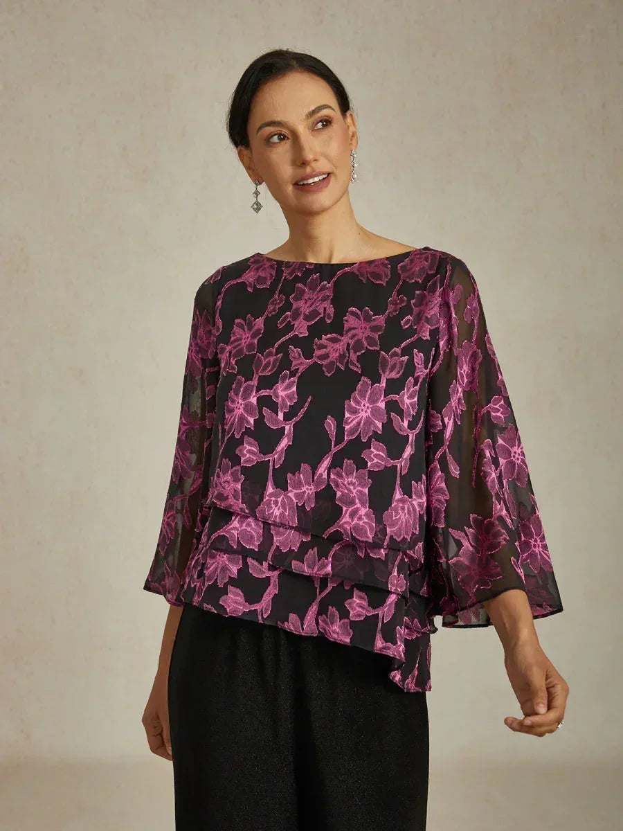 Blusa in Chiffon Floreale con Collo a Barca