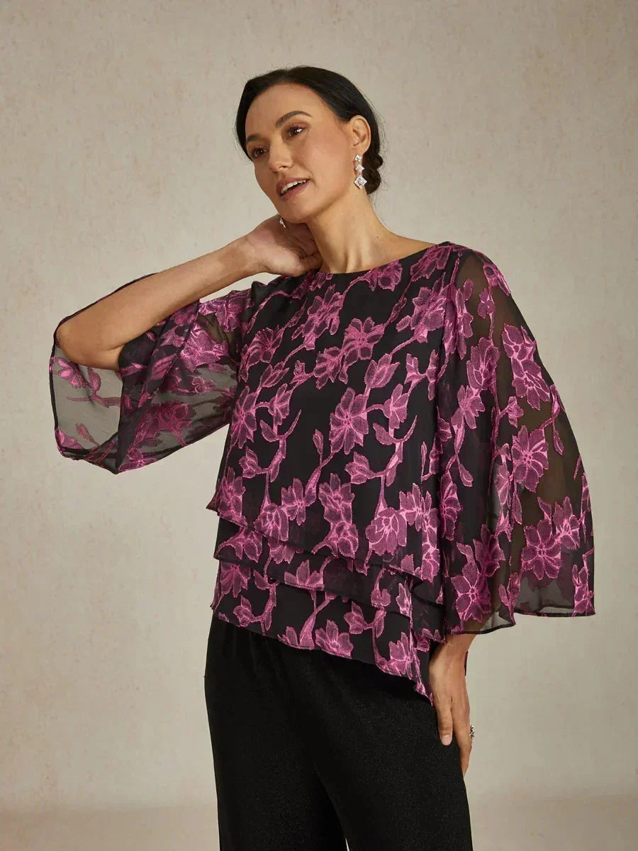 Blusa in Chiffon Floreale con Collo a Barca