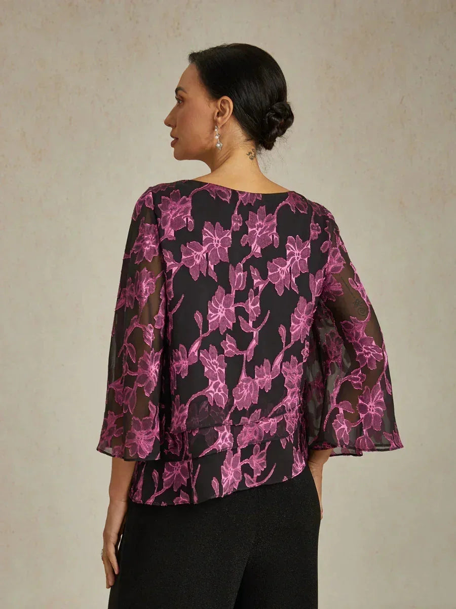 Blusa in Chiffon Floreale con Collo a Barca