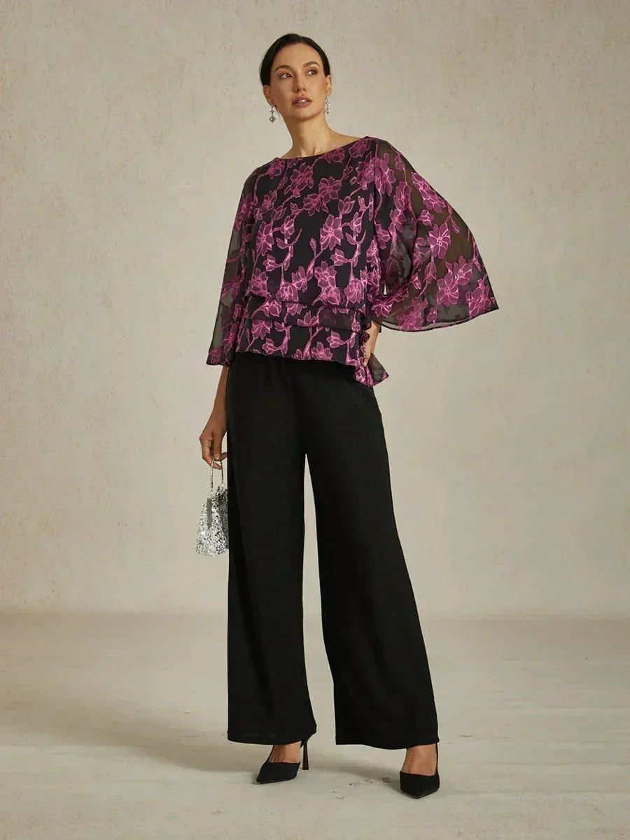 Blusa in Chiffon Floreale con Collo a Barca