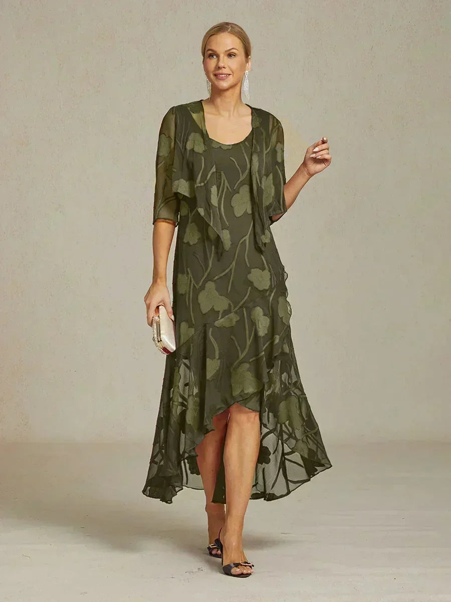 Abito da Sera Senza Maniche in Chiffon Floreale con Orlo Asimmetrico