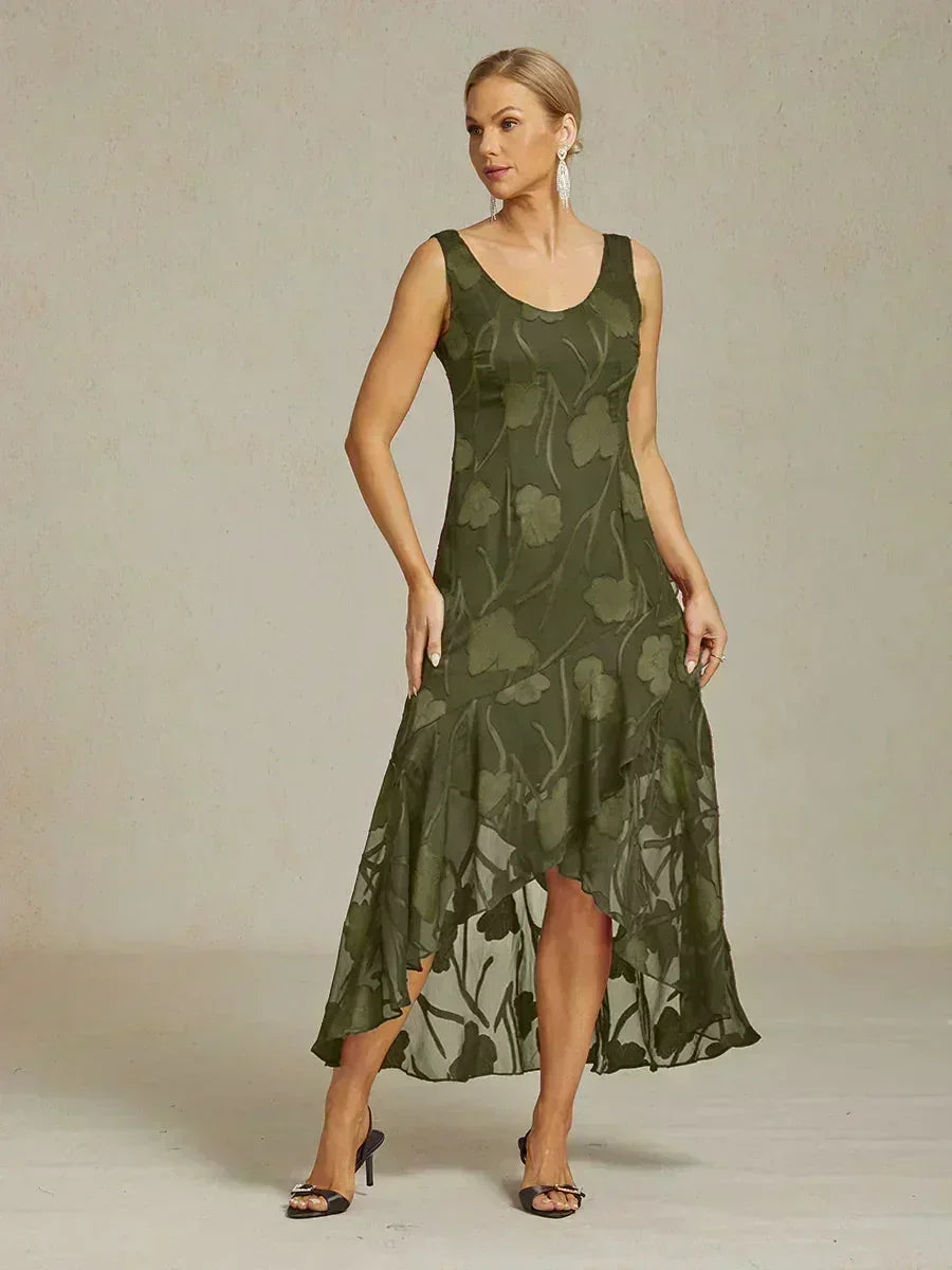 Abito da Sera Senza Maniche in Chiffon Floreale con Orlo Asimmetrico