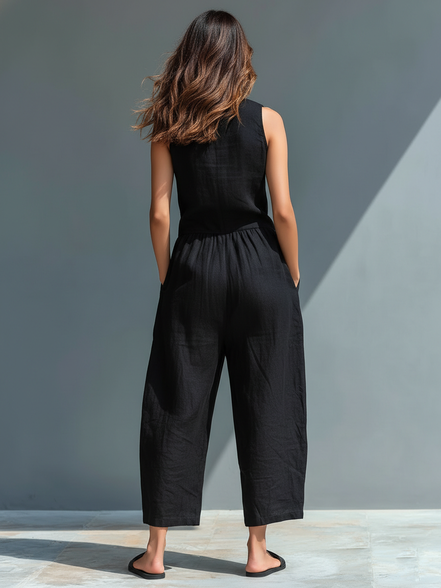 Giacca minimalista da donna in tessuto di lino con bottoni, colletto alto, senza maniche, dalla vestibilità ampia