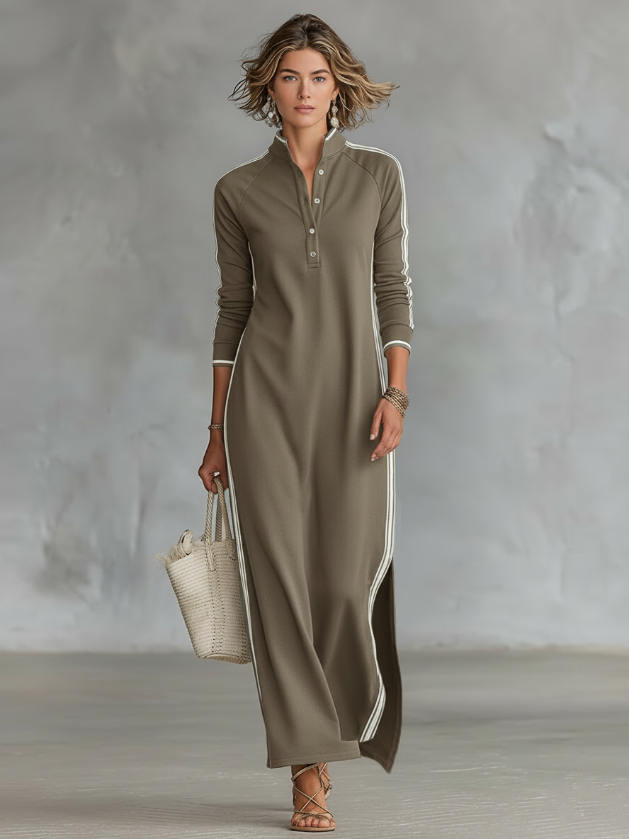 Abiti maxi per donne con colletto a bottoni in stile minimalista con bordi bianchi