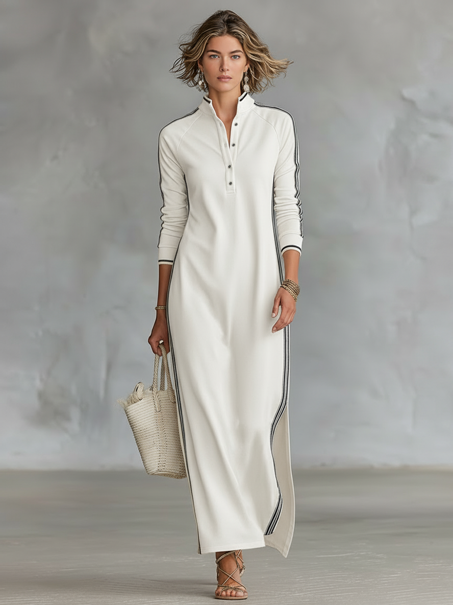 Abiti maxi per donne con colletto a bottoni in stile minimalista con bordi bianchi