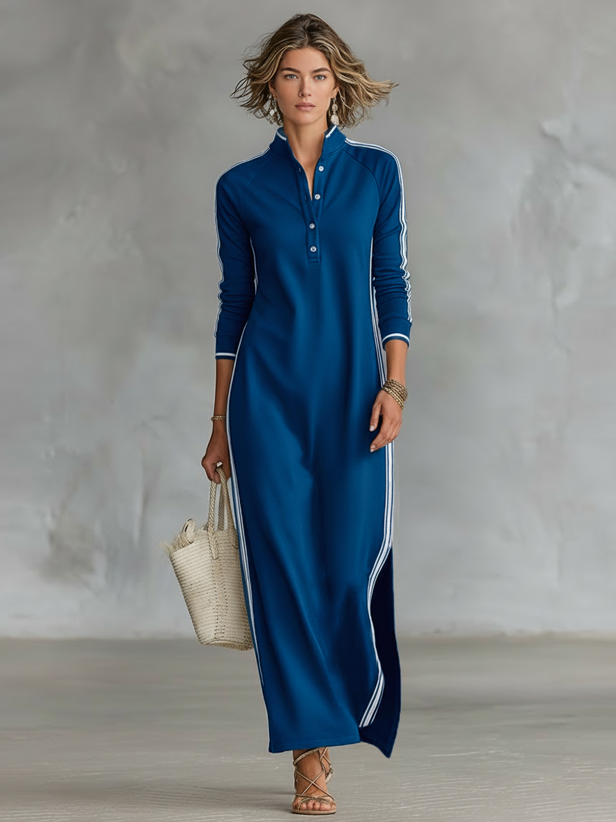 Abiti maxi per donne con colletto a bottoni in stile minimalista con bordi bianchi